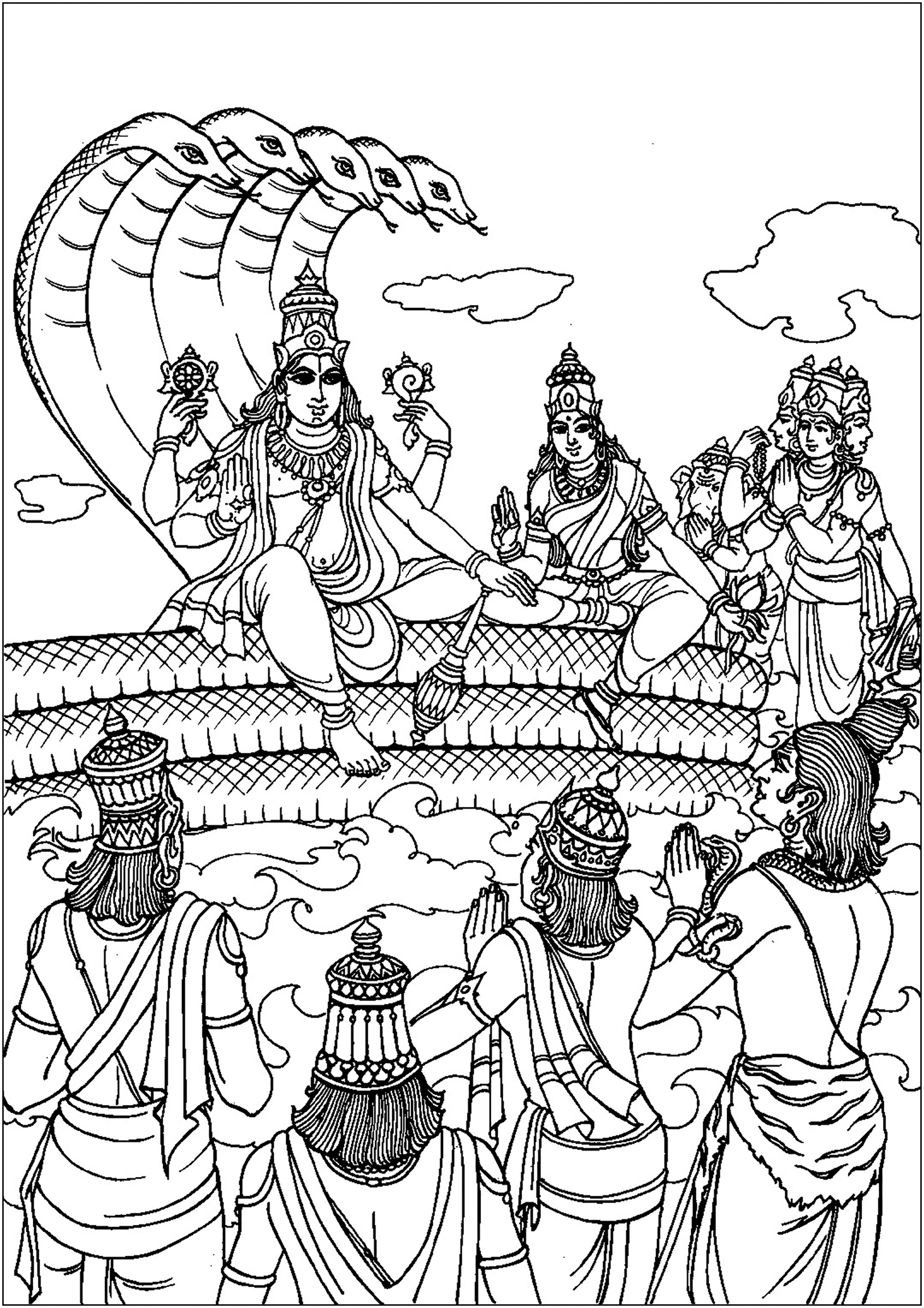 Vishnu que assume a forma humana : Rama, para visitar os homens. Vishnu é uma das principais divindades do hinduísmo, considerado o preservador do universo.É muitas vezes representado pousado sobre a serpente divina, Ananta Shesha, com quatro braços que seguram símbolos sagrados. Vishnu personifica a benevolência e intervém periodicamente no mundo sob diferentes avatares (encarnações) para restabelecer a ordem cósmica e proteger a virtude.