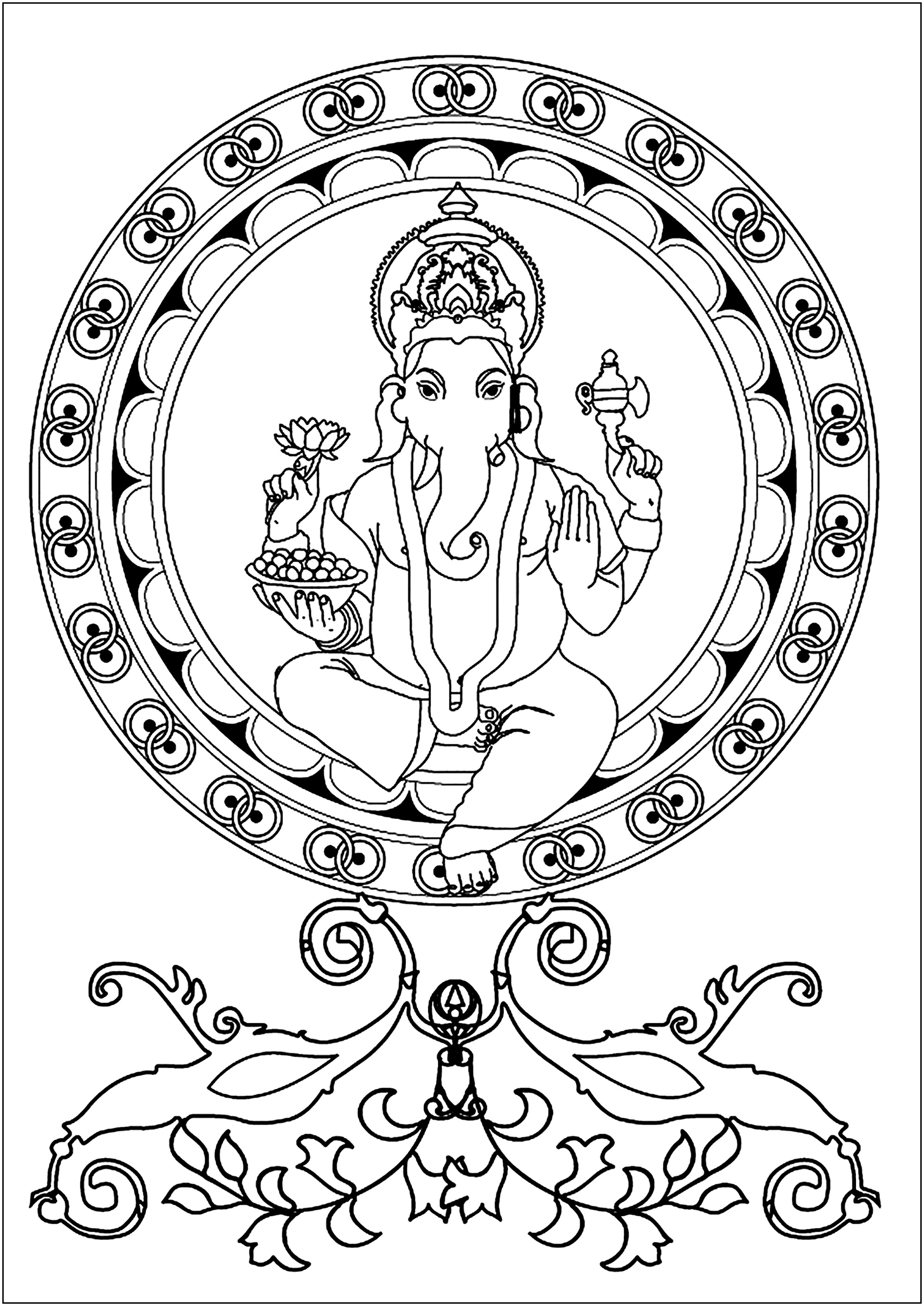 Ganesh no centro de uma Mandala. Ganesh é uma divindade hindu amplamente venerada como o deus da sabedoria, da inteligência e da prosperidade.Representado com uma cabeça de elefante e um corpo humano, é frequentemente venerado no início dos rituais e cerimónias para remover obstáculos (Vighna) e trazer sucesso.