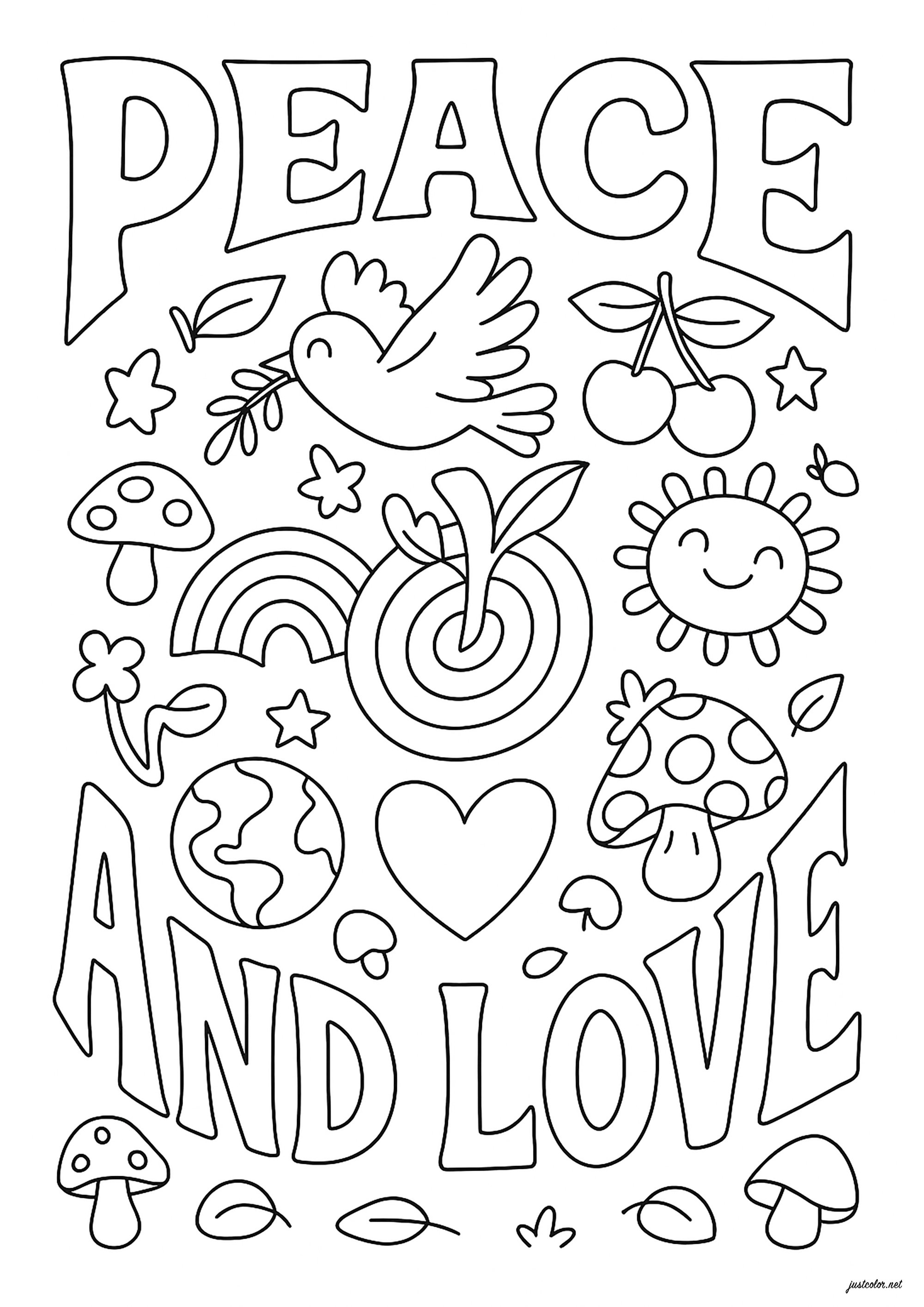 Cartaz "PAZ E AMOR (Página de Hippie para colorir e imprimir para crianças)