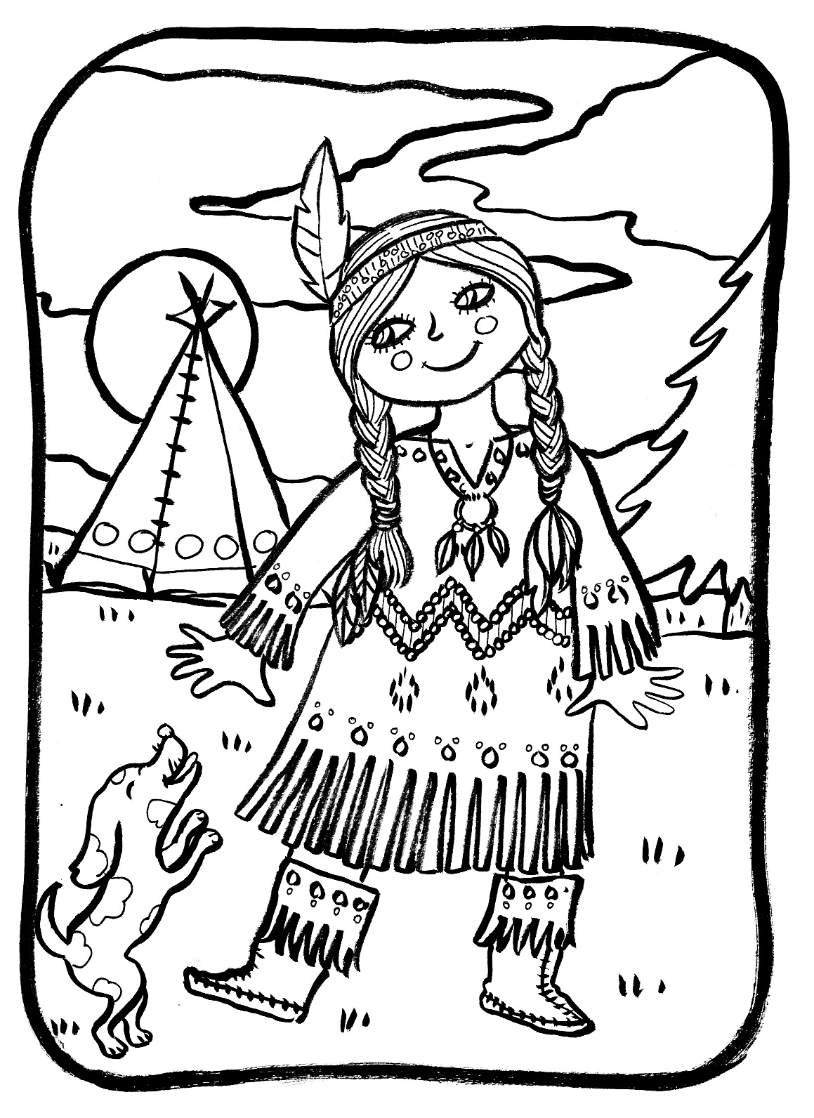 Desenho bonito de uma mulher indiana com o seu tipi