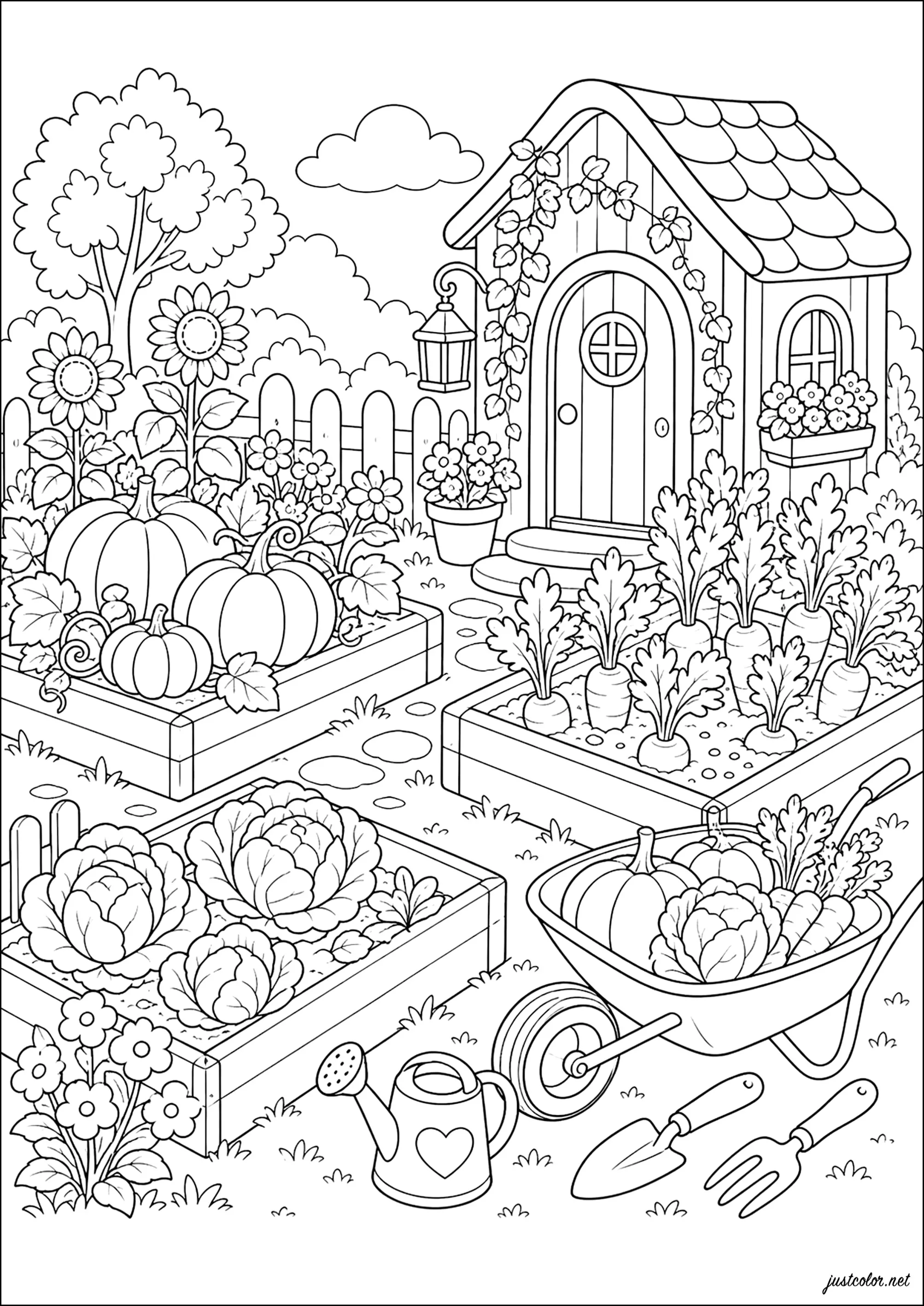 Horta cheia de legumes (Página de Jardim Horta para colorir e imprimir para crianças)