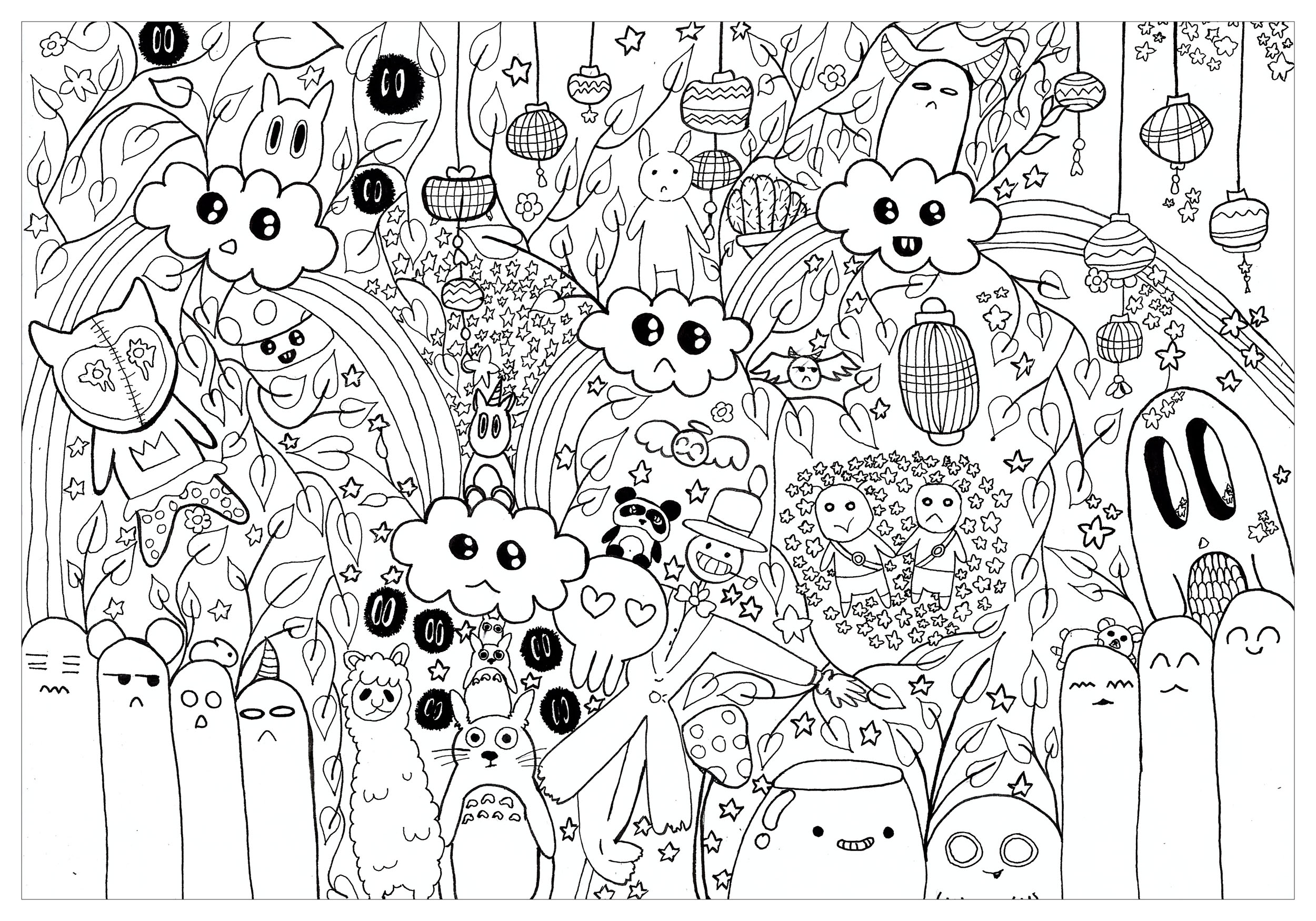 Desenho de página para colorir de doodle kawaii bonito animal de desenho de  frango