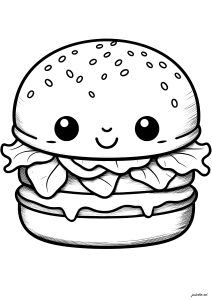 Página de Kawaii para colorir e imprimir para crianças : Um bom hambúrguer com salada e queijo magro