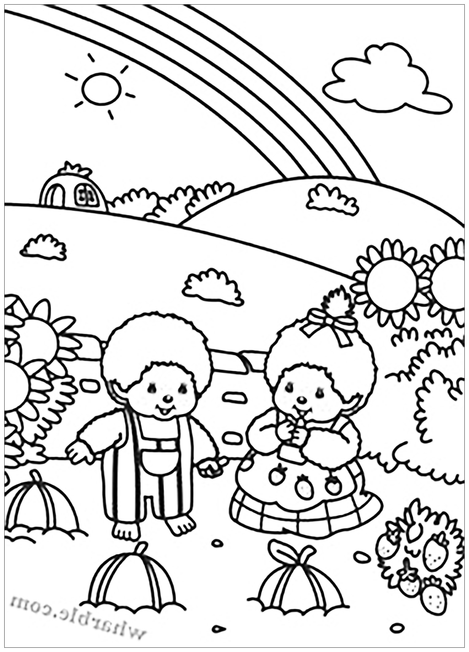 Kiki numa paisagem encantadora. Duas personagens Kiki num bonito campo, a apanhar morangos. Consegues ver este lindo arco-íris?