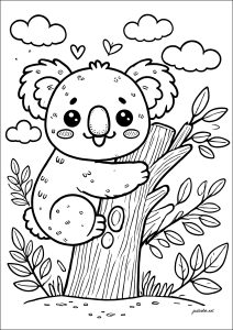 Página de Coalas para colorir e imprimir para crianças : Koala pequeno e giro num tronco de árvore