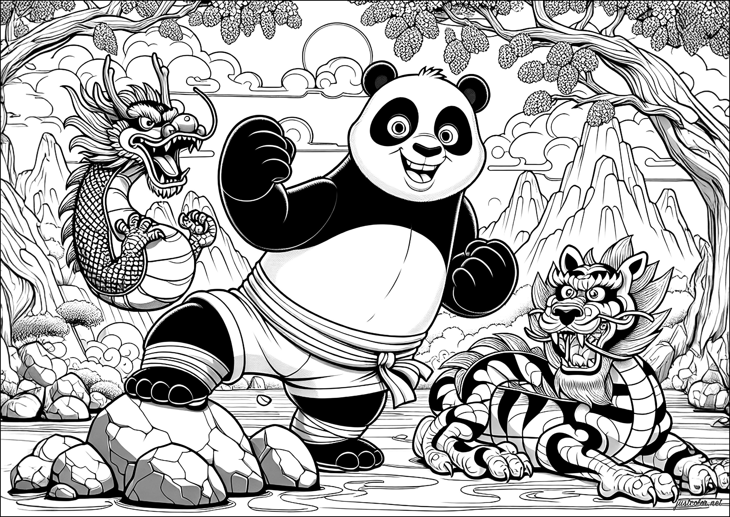 Kung Fu panda, o dragão e o tigre chineses (Página para colorir e imprimir para crianças)