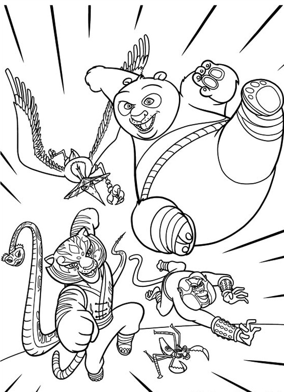 Páginas de coloração livre Kung Fu panda com po, Mestre Tigresa, Mestre Víbora, Mestre Macaco