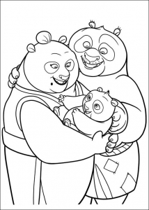 Página de Kung Fu panda para colorir e imprimir para crianças : O pequeno Po com a sua mãe e o seu pai