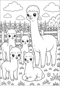 Família de alpacas em um campo