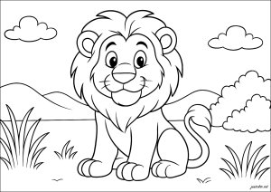 Leão pacífico na savana feliz (Página para colorir para crianças)