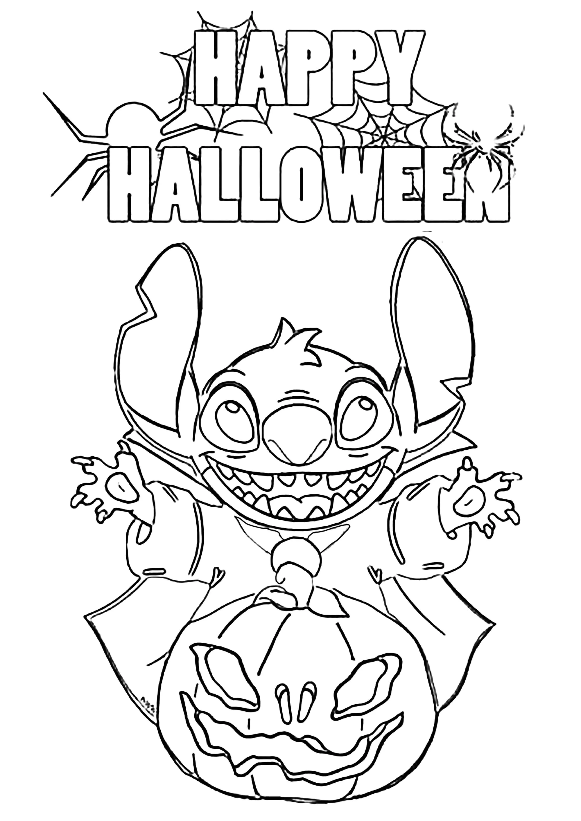 Stitch como um vampiro com uma abóbora (Página de Lilo e Stitch para colorir e imprimir para crianças)
