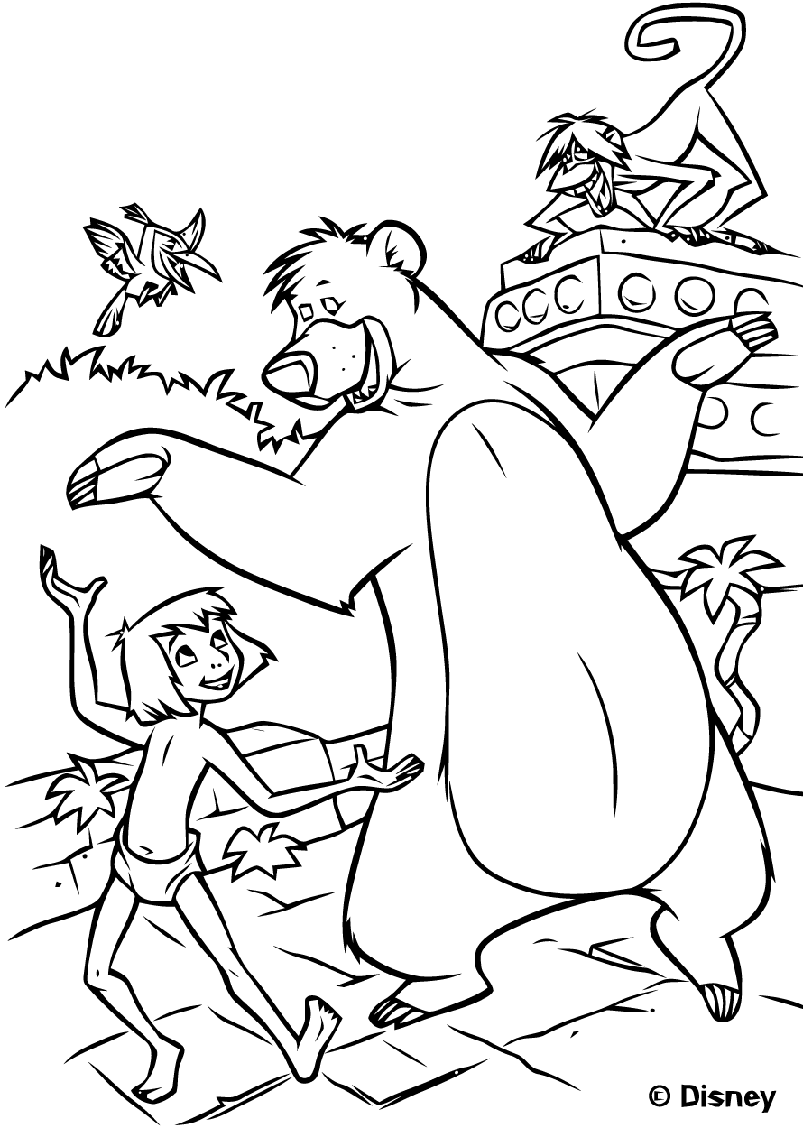 Mowgli dança com o urso Baloo na selva... O macaco Flunky observa-os