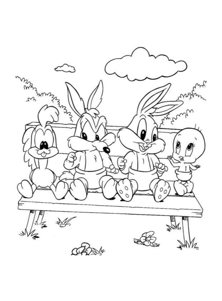 Pequenas personagens: Piu-piu, Bugs Bunny, Bip Bip e o coiote (Página de Looney Tunes para colorir e imprimir para crianças)