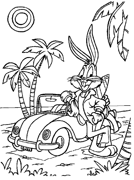 Bugs Bunny no seu carro para imprimir e colorir
