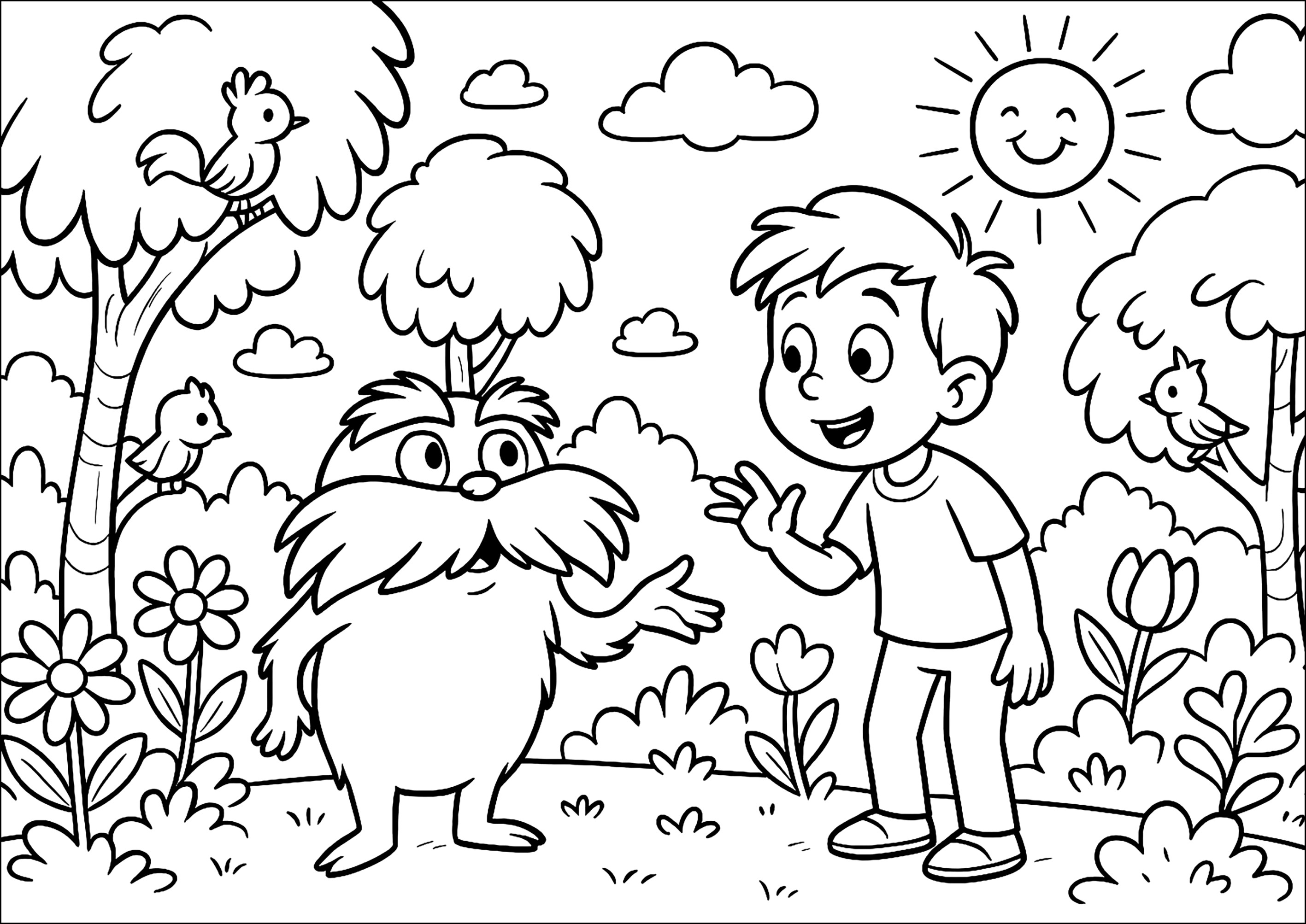 Encontro entre o  e uma criança (Página de Lorax para colorir e imprimir para crianças)