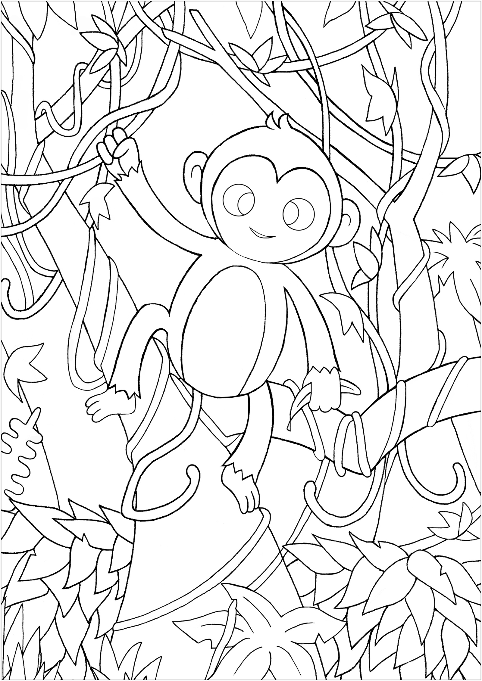 Colorir este belo macaco na floresta, caminhando de videira em videira
