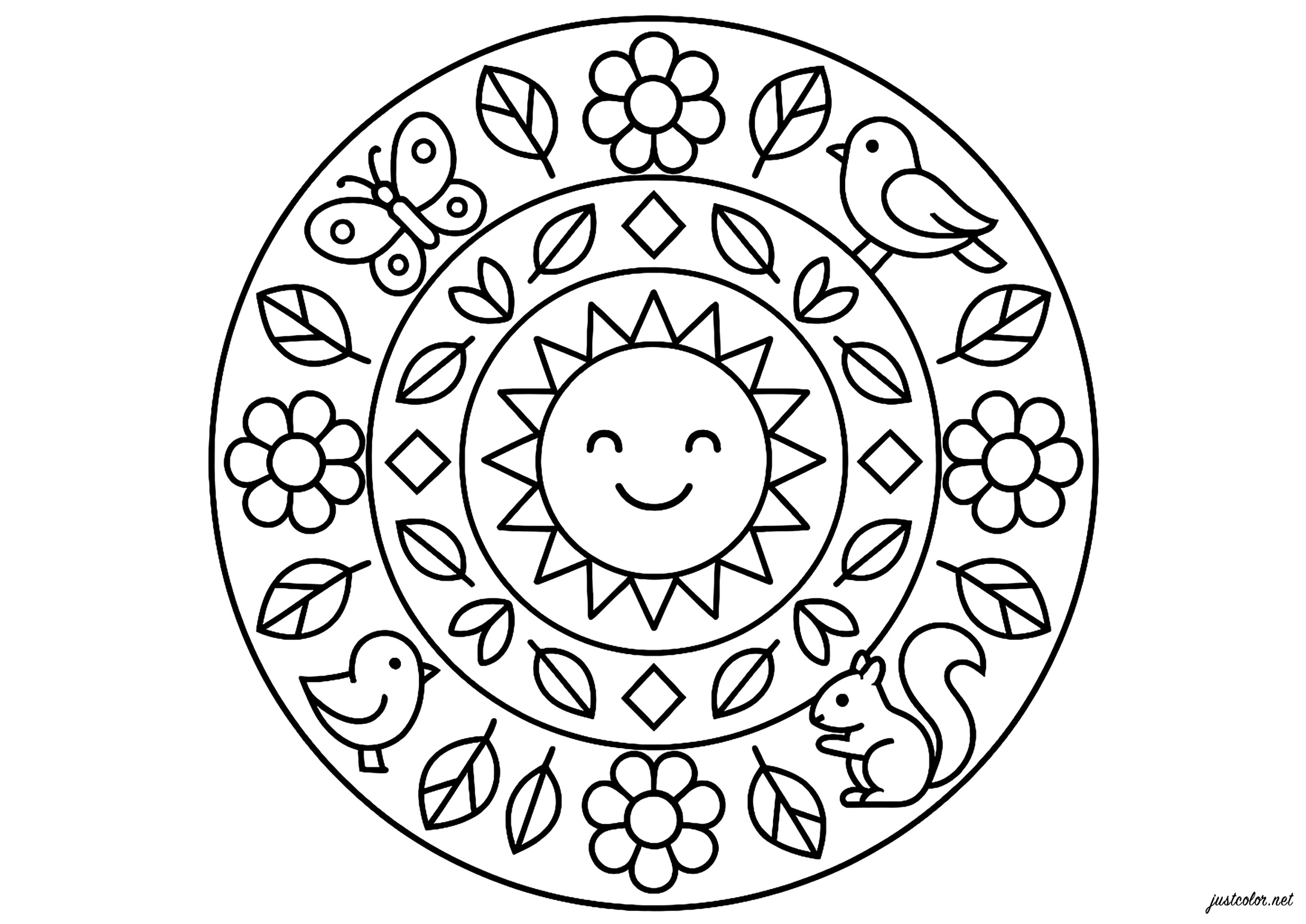 Sol alegre e animais da floresta (Página de Mandalas para colorir e imprimir para crianças)