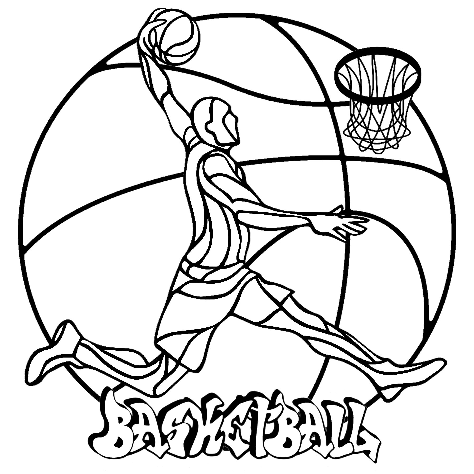 Um Mandala simples sobre o tema de um dos desportos mais populares: o basquetebol.  Colorir este jogador de basquetebol, a sua bola, o cesto, a etiqueta 'Basketball', e a bola grande ao fundo, Artista : Art'Isabelle