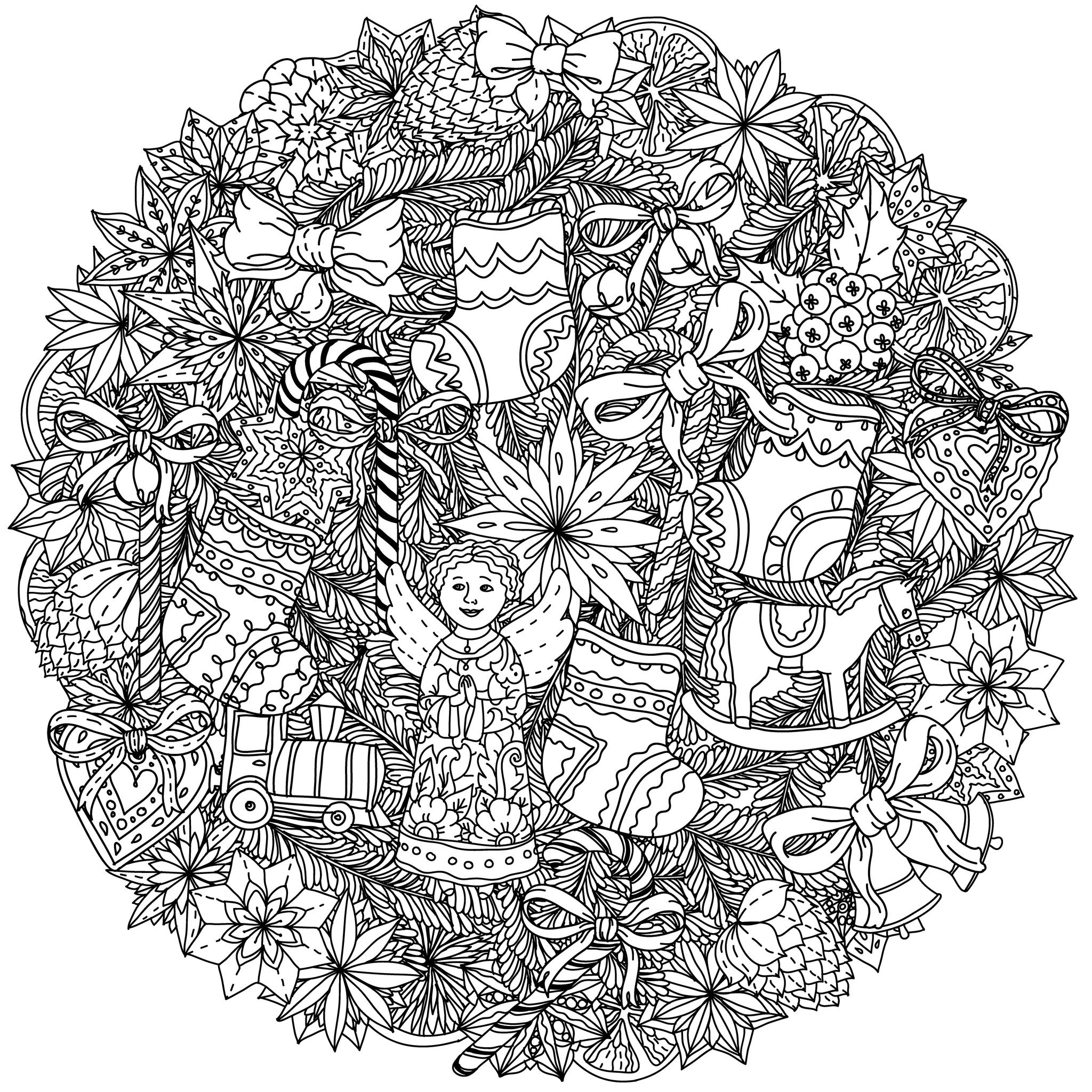 49525227 - coroa de natal com artigos decorativos, preto e branco . o melhor para o seu design, têxteis, cartazes, livro de colorir