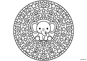 Elefante Mágico e seus Amigos (Página de Mandalas para colorir para crianças)