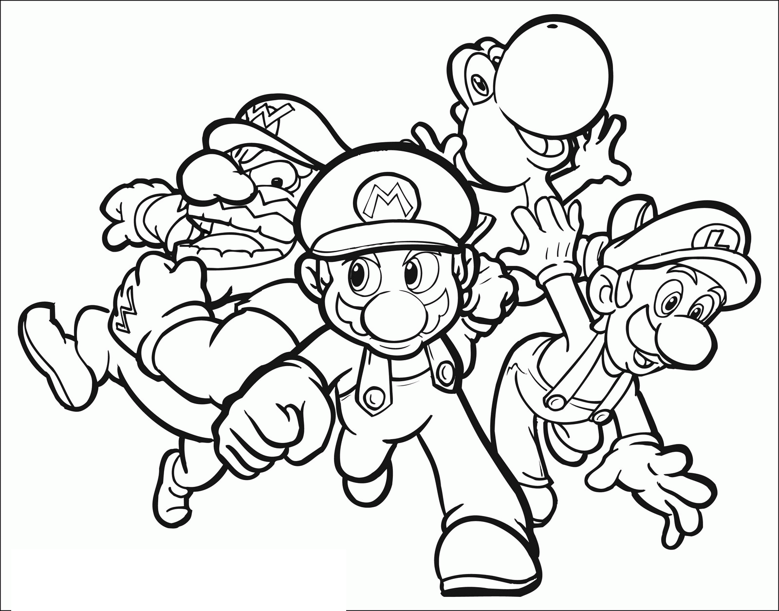 Desenho de Mario para colorir, com Luigi, Wario e Yoshi