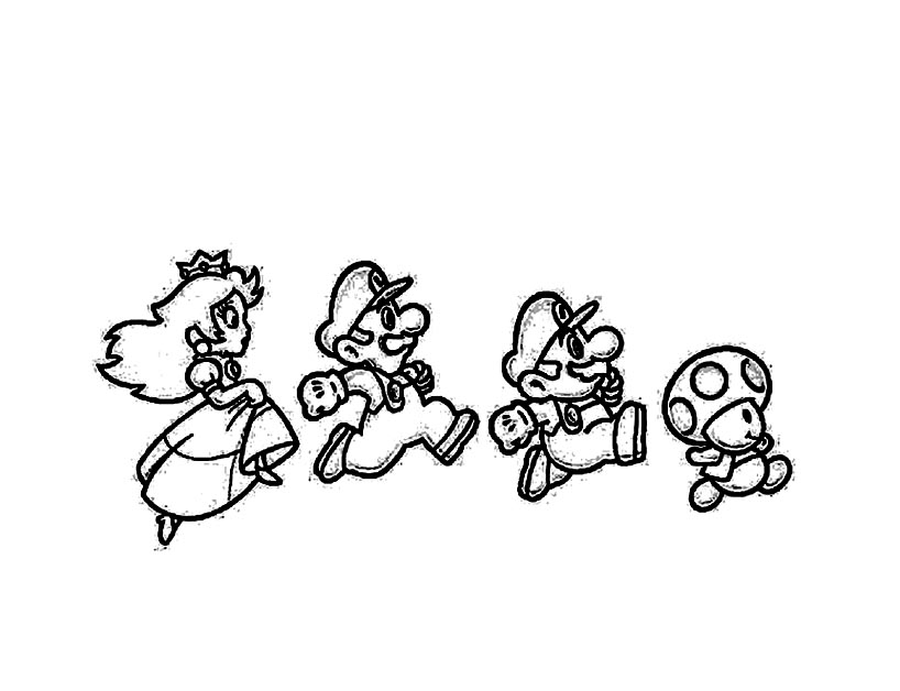 4 personagens Mario: os irmãos canalizadores, o cogumelo Toad e a Princesa Peach