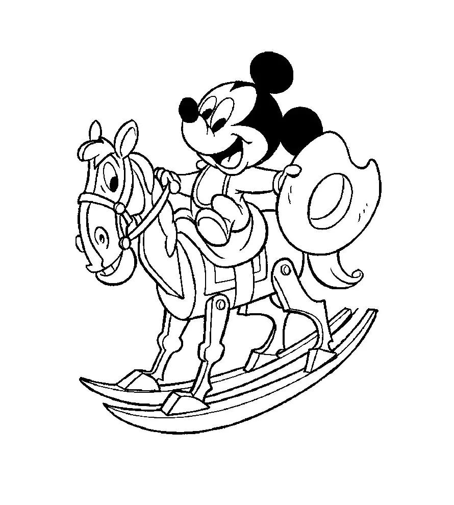 Mickey num cavalo de baloiço (Página para colorir e imprimir para crianças)