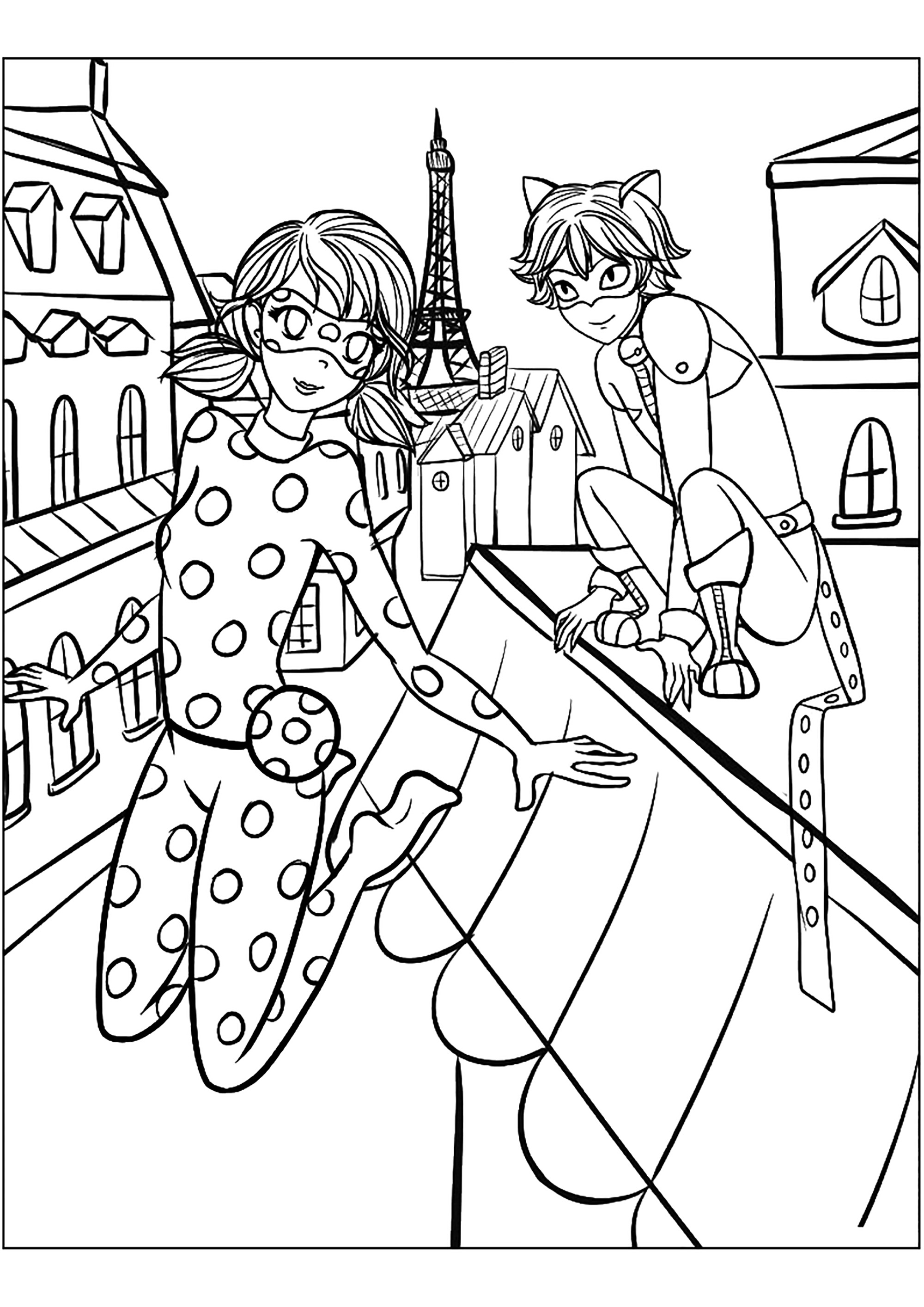 Marinette e Adrien nos telhados de Paris