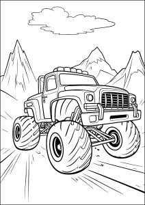 Página de Monster Truck para colorir e imprimir para crianças : Camião monstruoso a afastar-se a toda a velocidade