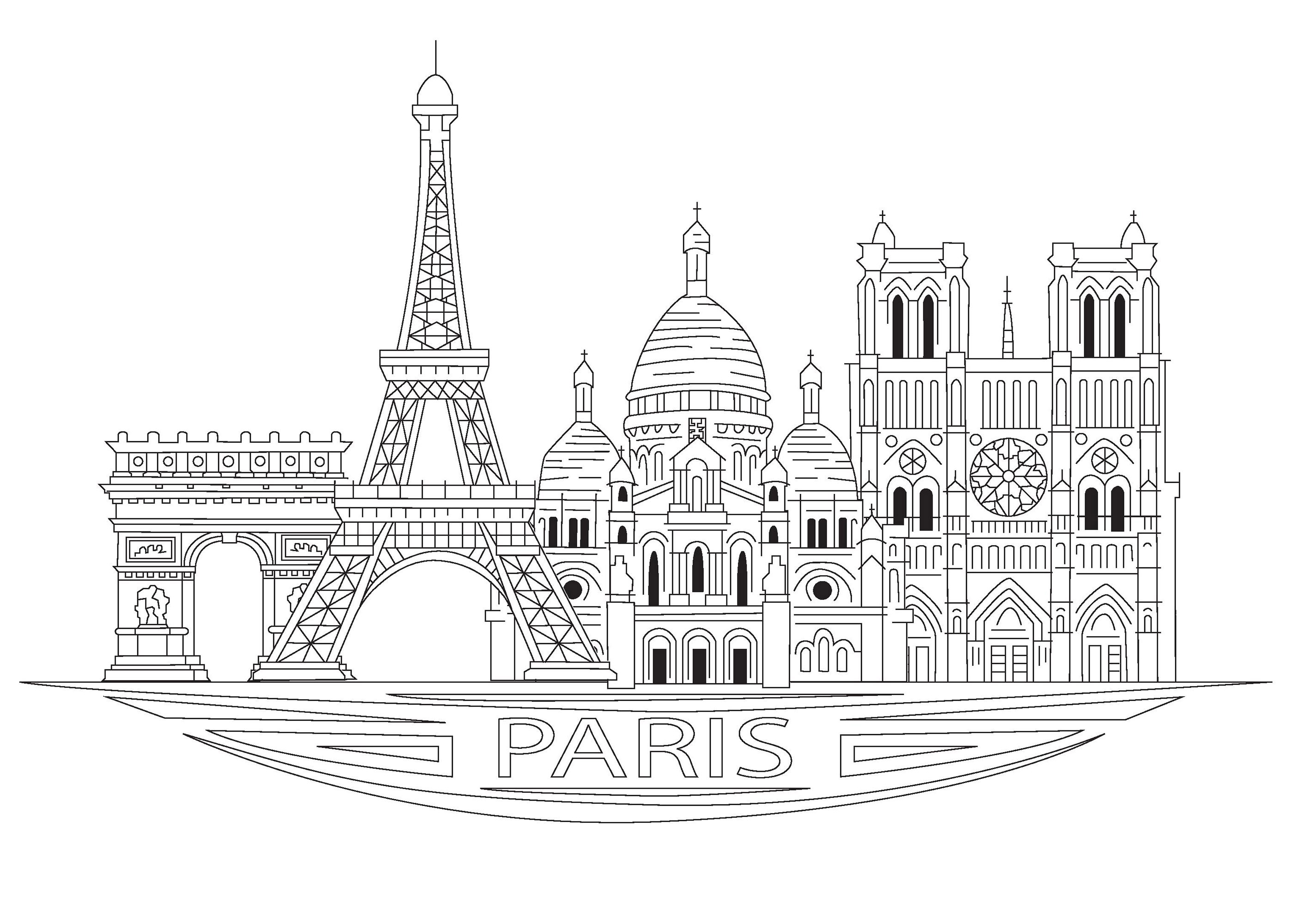 Torre Eiffel, Arco do Triunfo, Igreja Sacré Coeur e Notre Dame de Paris para colorir