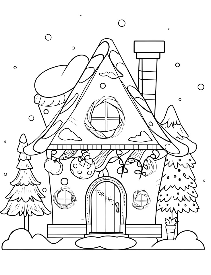 Casa de Natal com árvores cobertas de neve