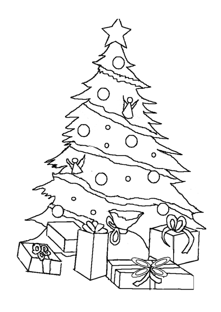 Desenhos para colorir gratuitos de uma árvore de Natal com bolas e enfeites