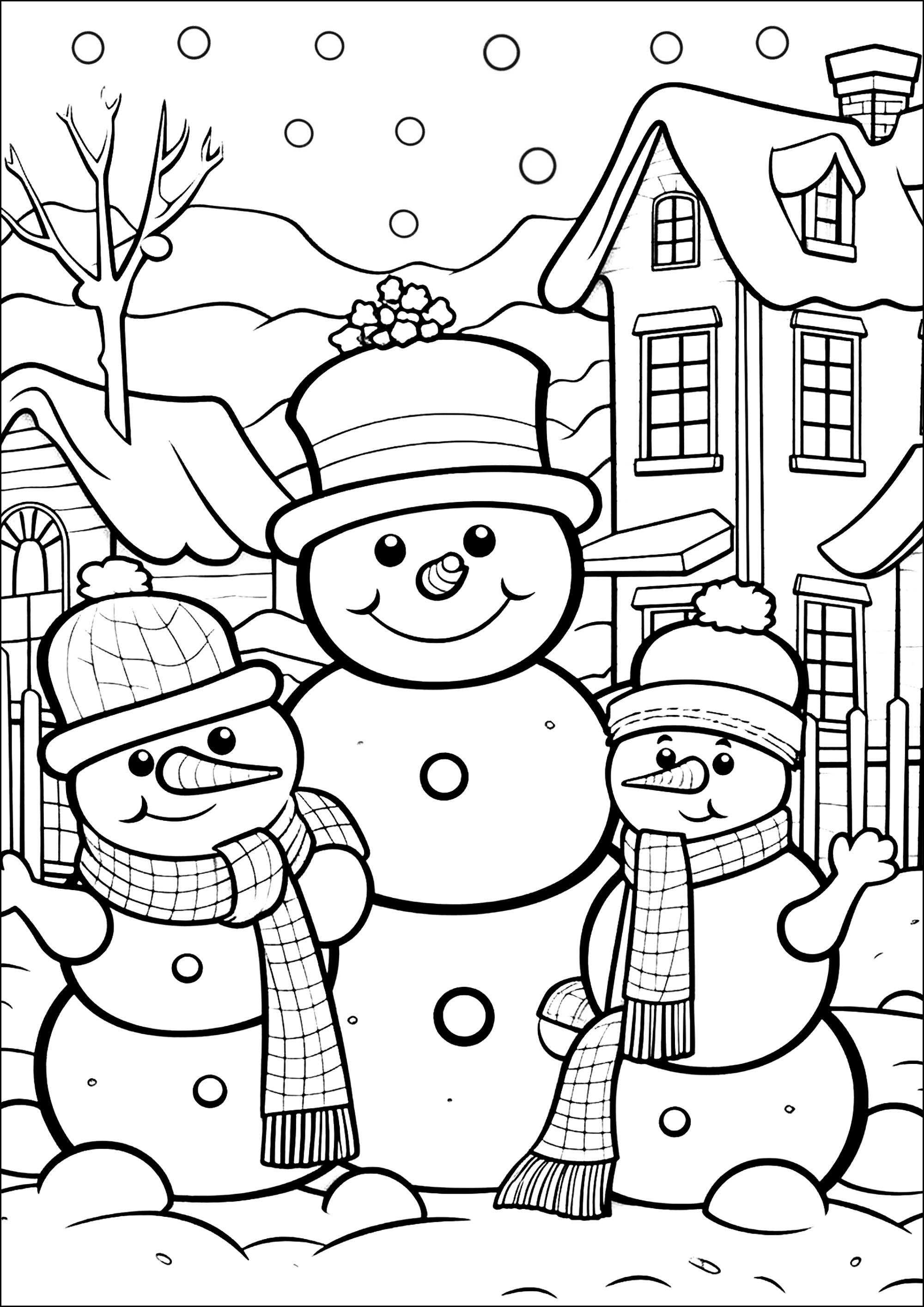 Três bonecos de neve simpáticos (Página de Natal para colorir e imprimir para crianças)