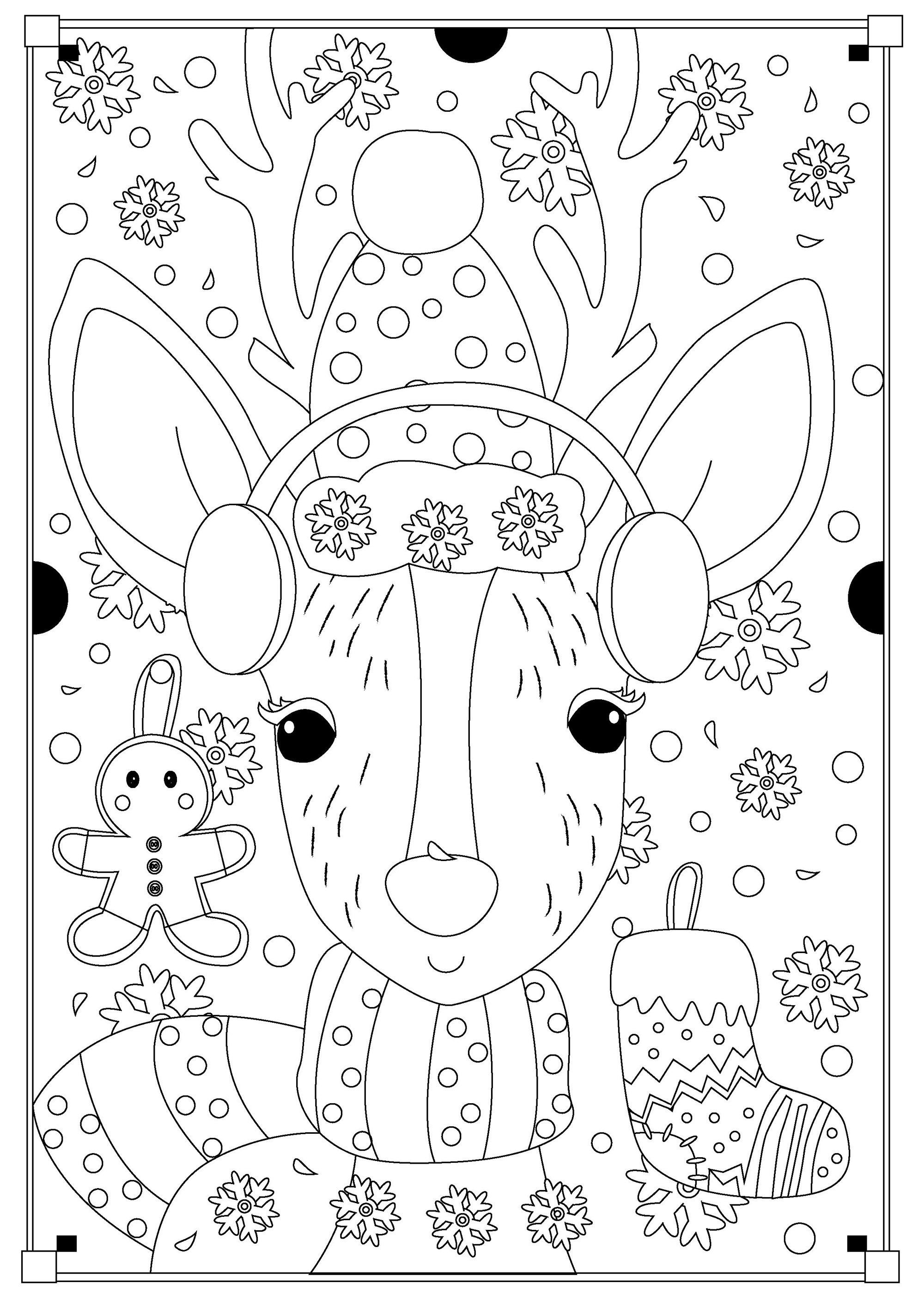 As renas do Pai Natal rodeadas de muitas coisas para colorir, Artista : Gaelle Picard