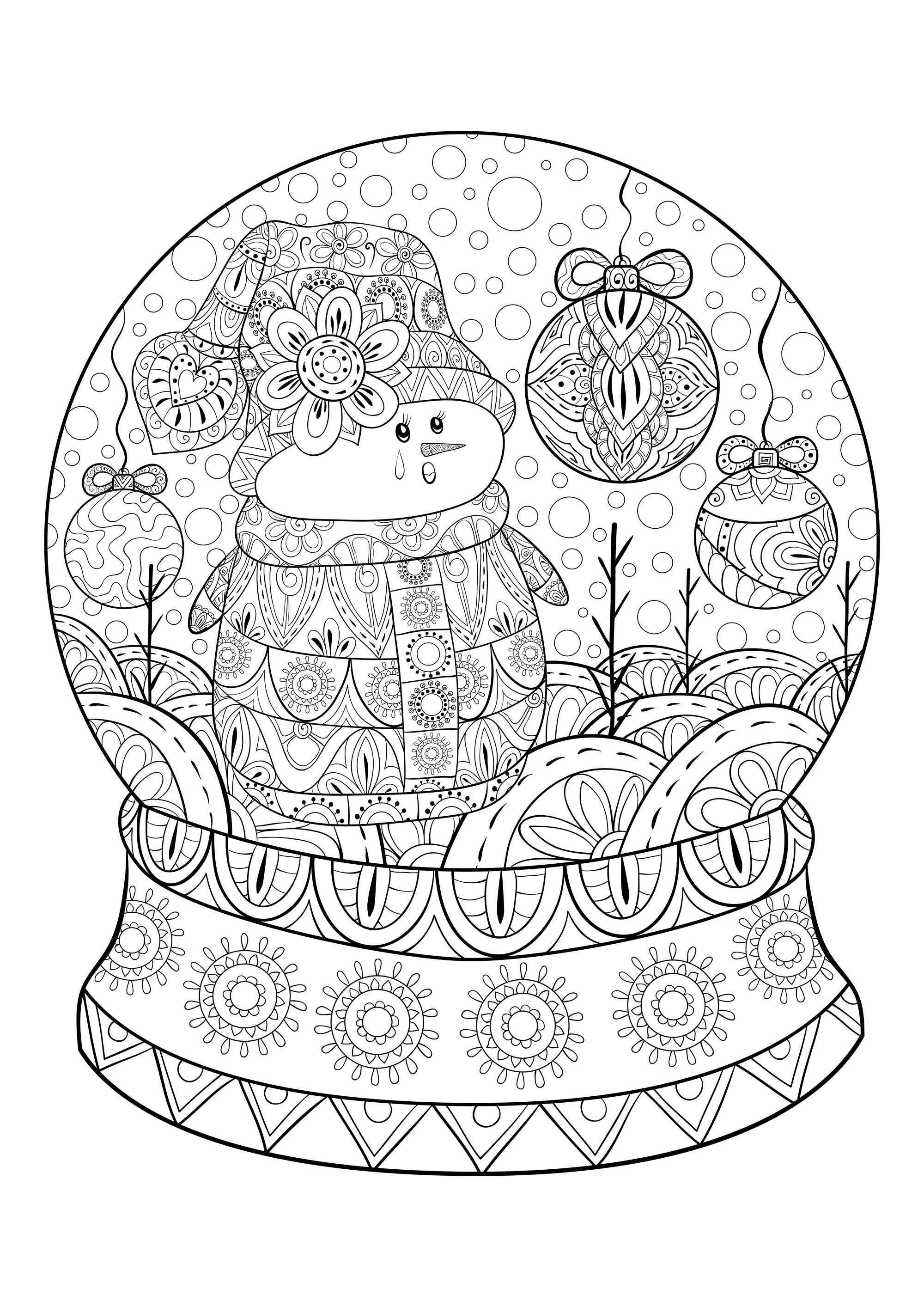 Um boneco de neve numa bola de Natal, com muitos elementos e motivos