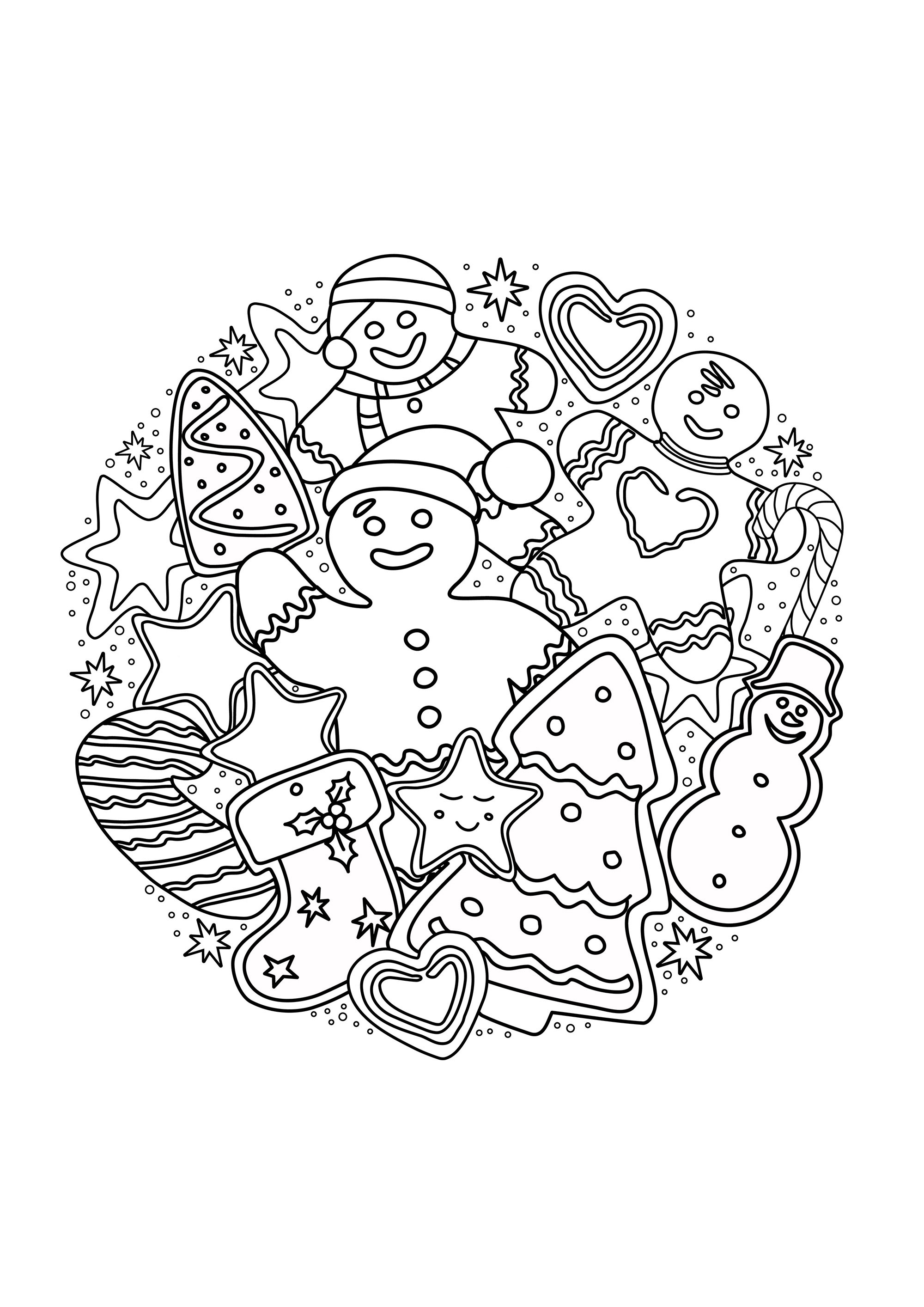 Homem de Natal em forma de pão de mel e outros motivos natalícios numa bonita mandala para colorir