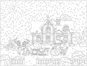 Página para colorir com muitos pormenores: o Pai Natal e o seu trenó