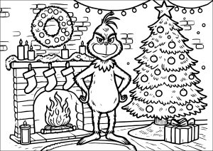 Página de para colorir e imprimir para crianças : O Grinch em frente a uma lareira e a uma árvore de Natal