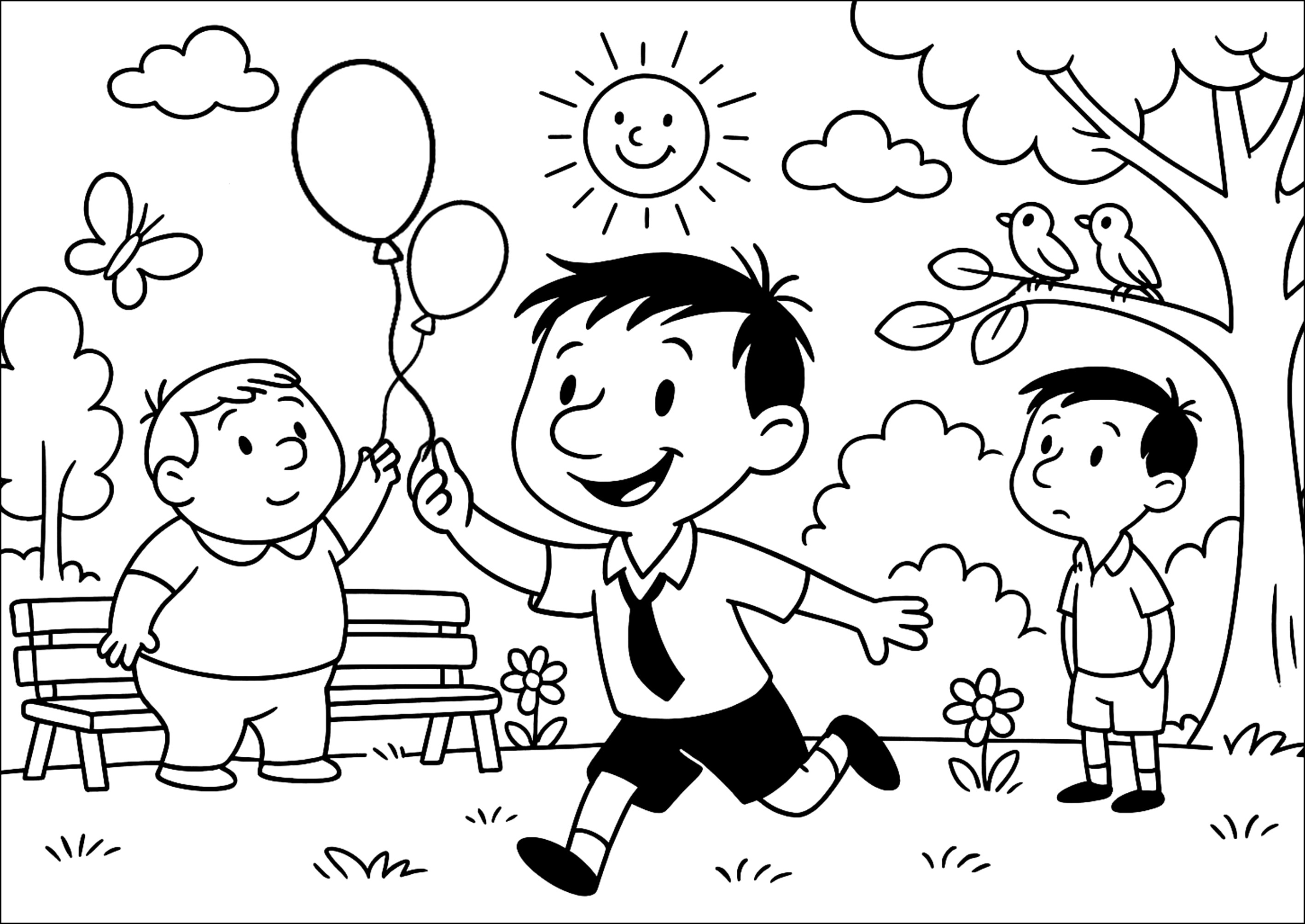 Bom dia no parque (Página de O Pequeno Nicolau para colorir e imprimir para crianças)