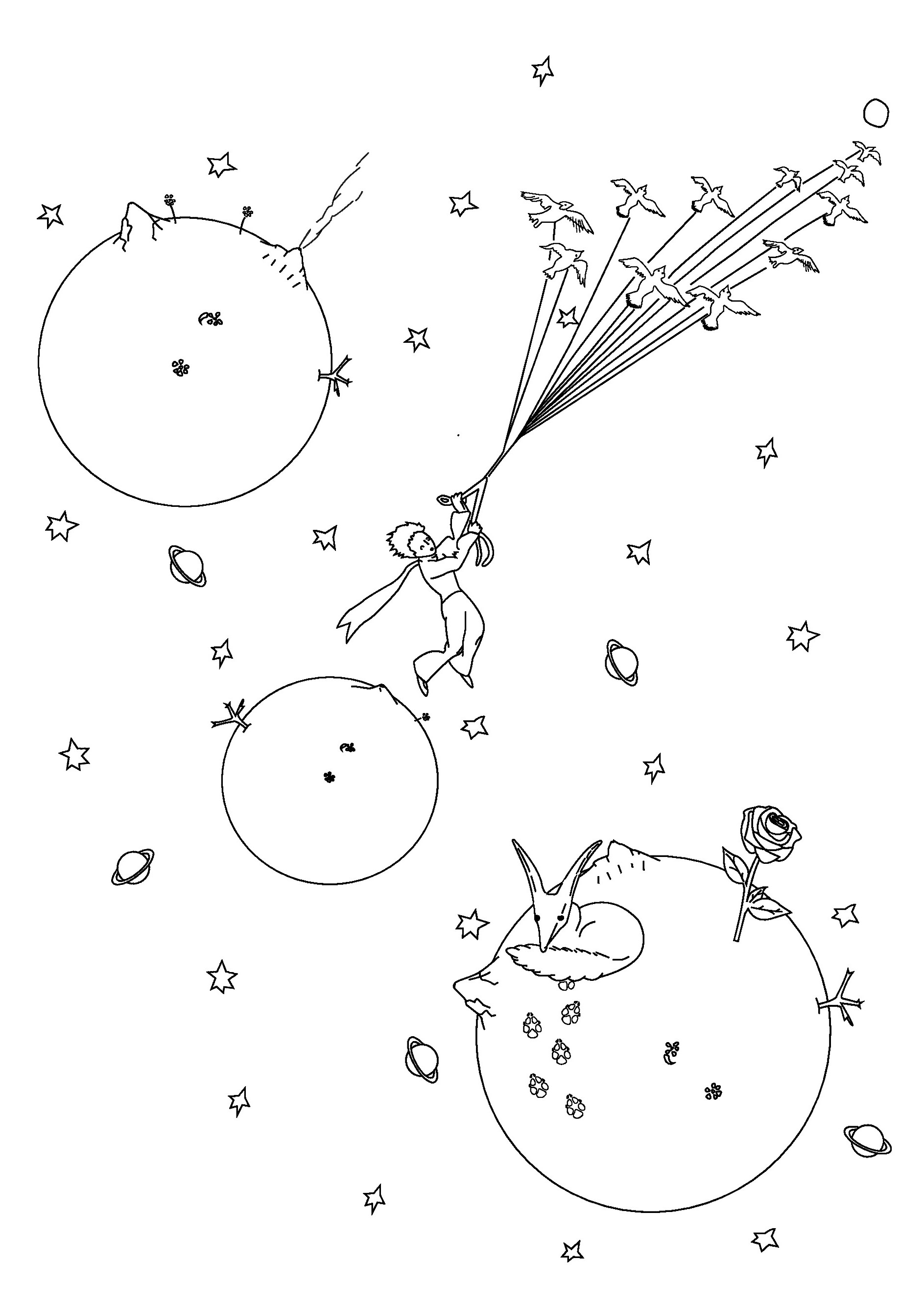 Cor O pequeno Príncipe enquanto voa pelo espaço com as suas mágicas estrelas cadentes