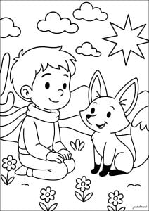 Encontro encantado sob o céu estrelado (Página de O pequeno Príncipe para colorir para crianças)