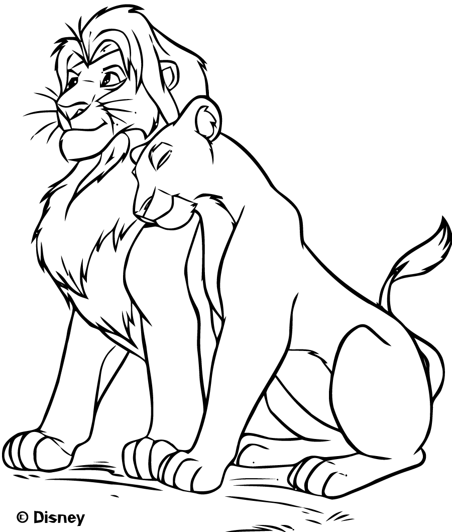 Rei Leão, página para colorir simples com Nala e Mufasa