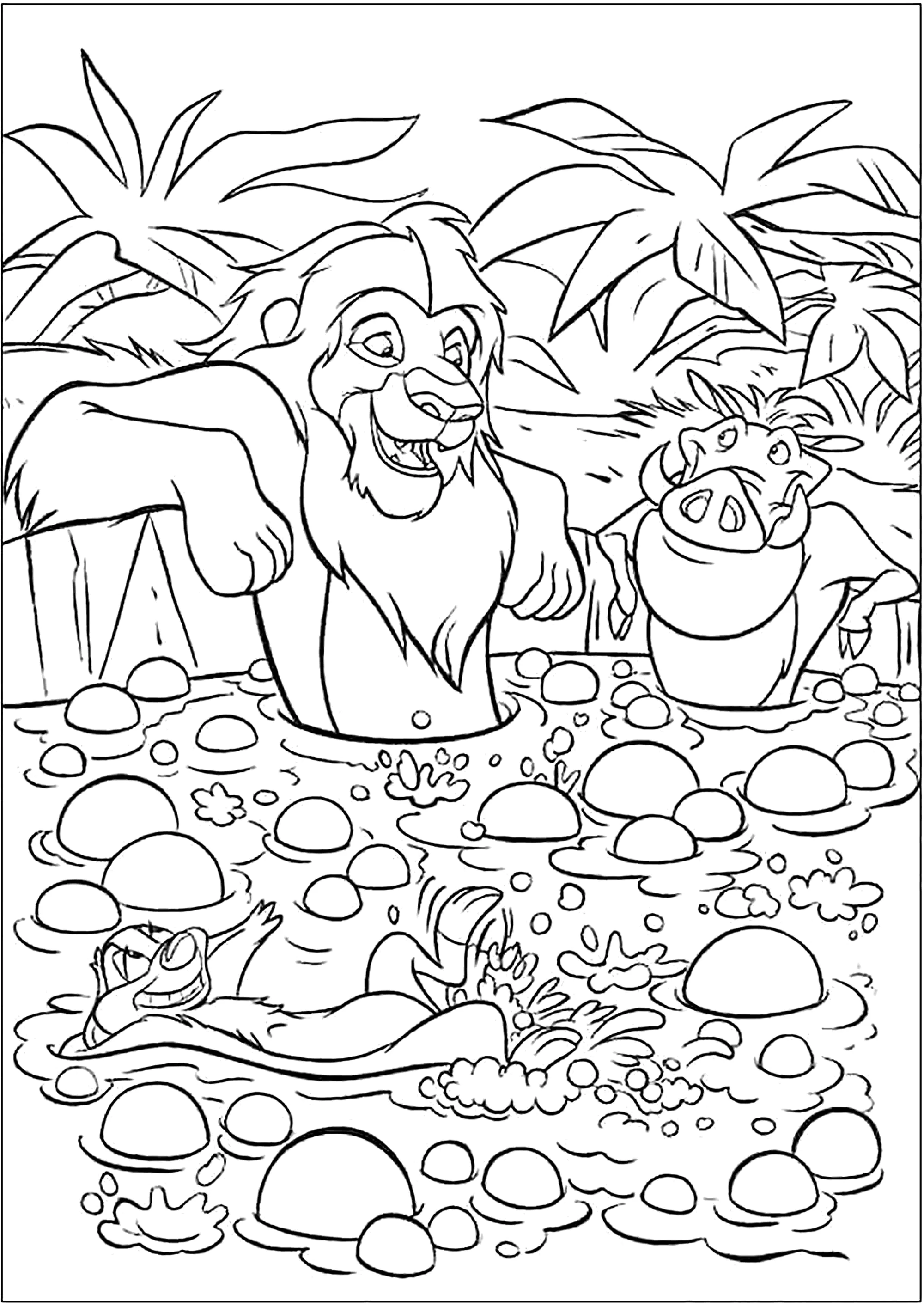 Banho de lama para os três amigos Simba, Timon e Pumba (Página de O Rei Leão para colorir e imprimir para crianças)