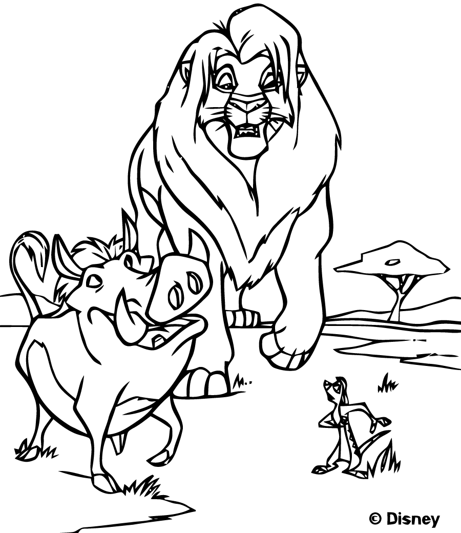 Página para colorir do Rei Leão com Simba e Pumba, o javali