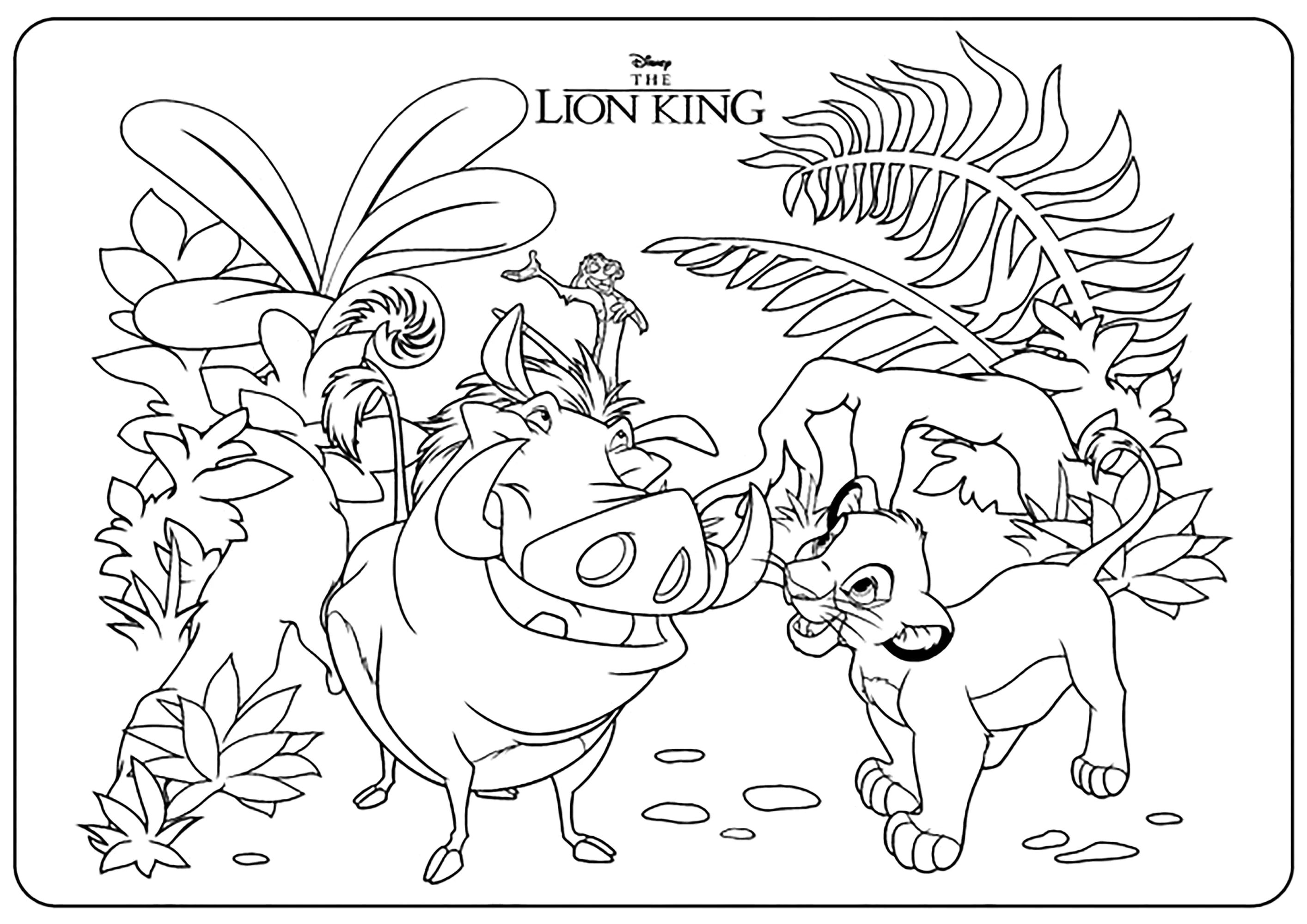 O Rei Leão: O jovem Simba e os seus amigos Timon e Pumba (Página para colorir e imprimir para crianças)