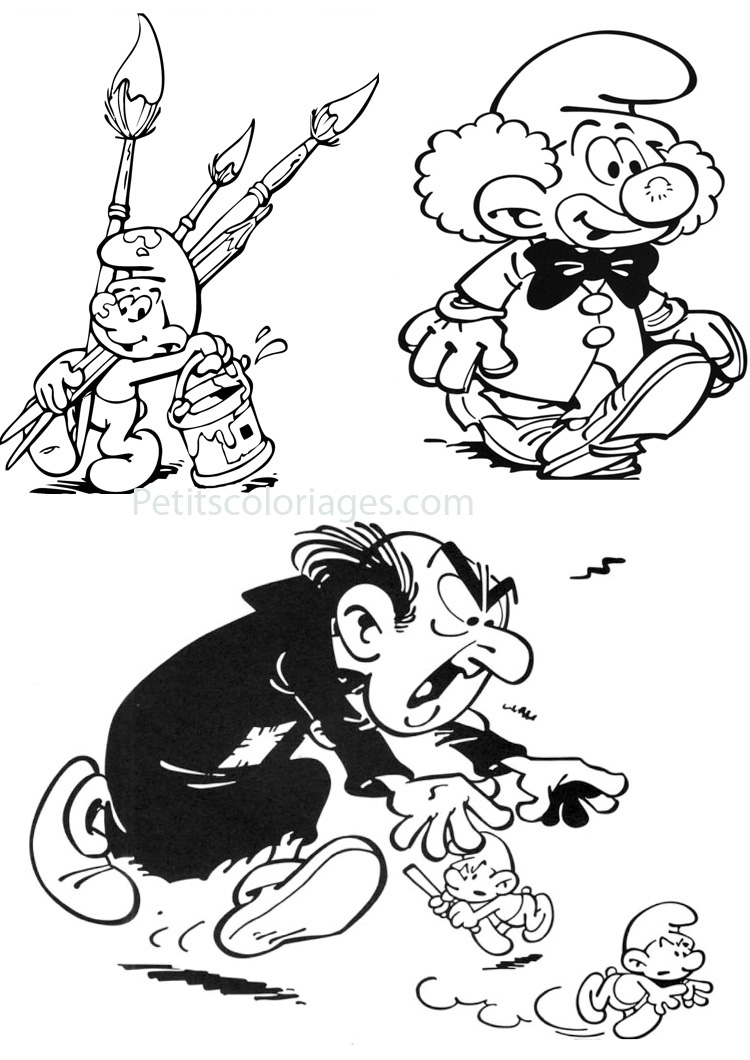 3 páginas para colorir dos Smurfs, com o Gasganete