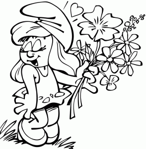 Página de Os Smurfs para colorir e imprimir para crianças : Smurfette com flores