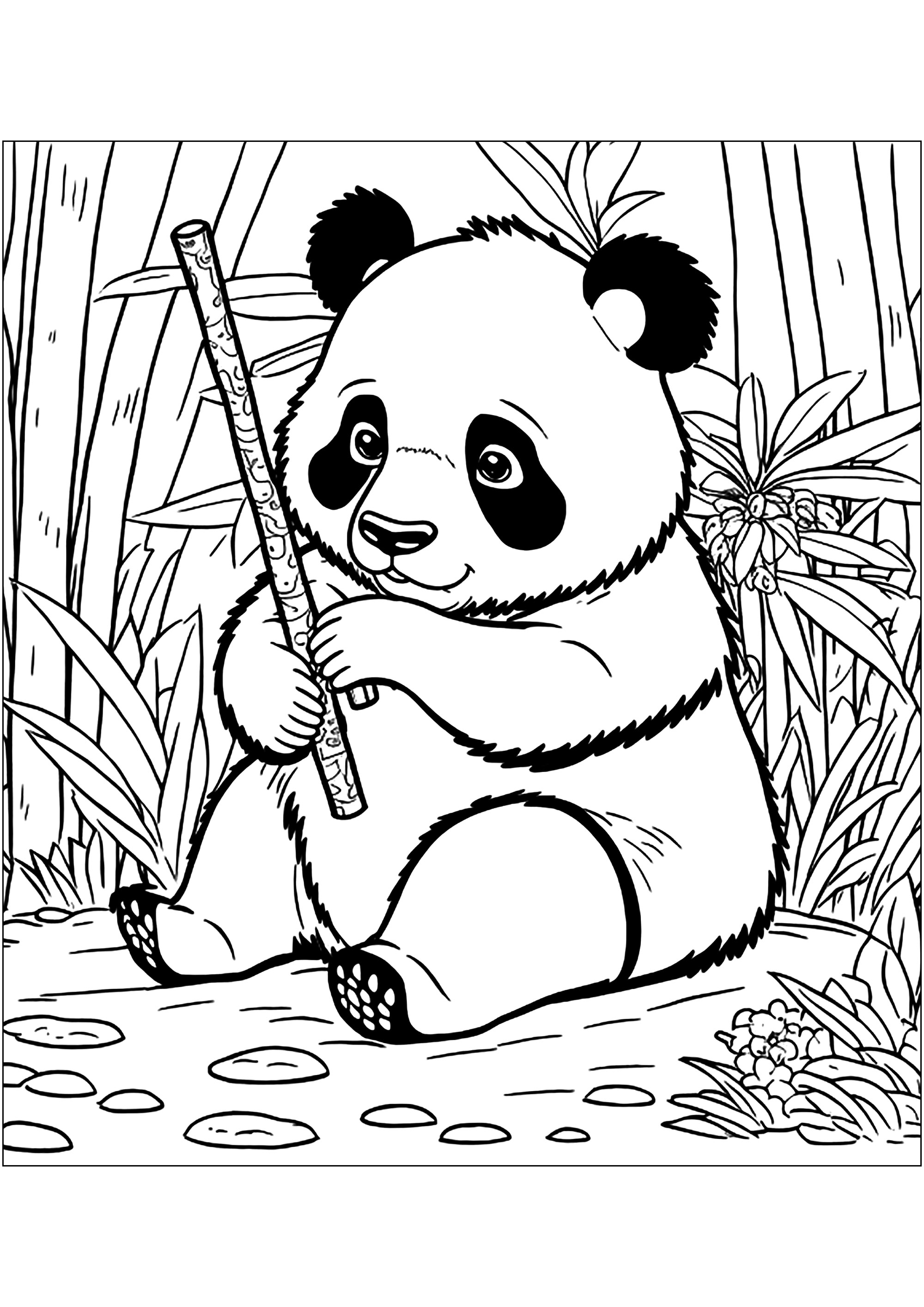 Desenhos animados de panda comendo bambu para colorir para crianças