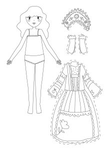 Página de Paper Dolls para colorir e imprimir para crianças : Bonecas de papel russas com um lindo vestido