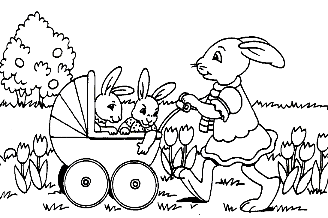 A mamã coelha e os seus dois coelhos jovens